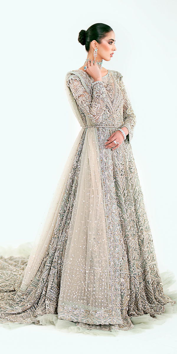 Mint Green Embellished Net Silk Bridal Gown (2-Piece) - Image 6