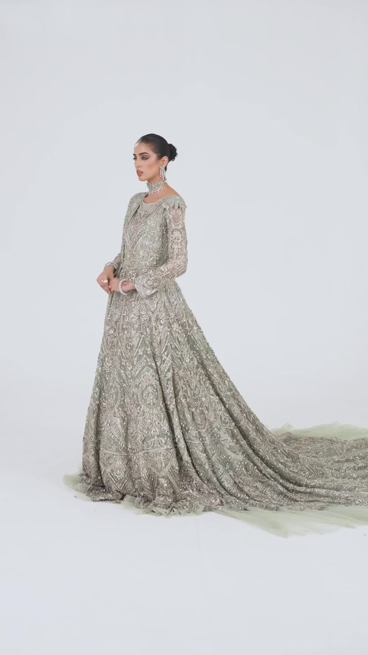 Mint Green Embellished Net Silk Bridal Gown (2-Piece) - Image 9