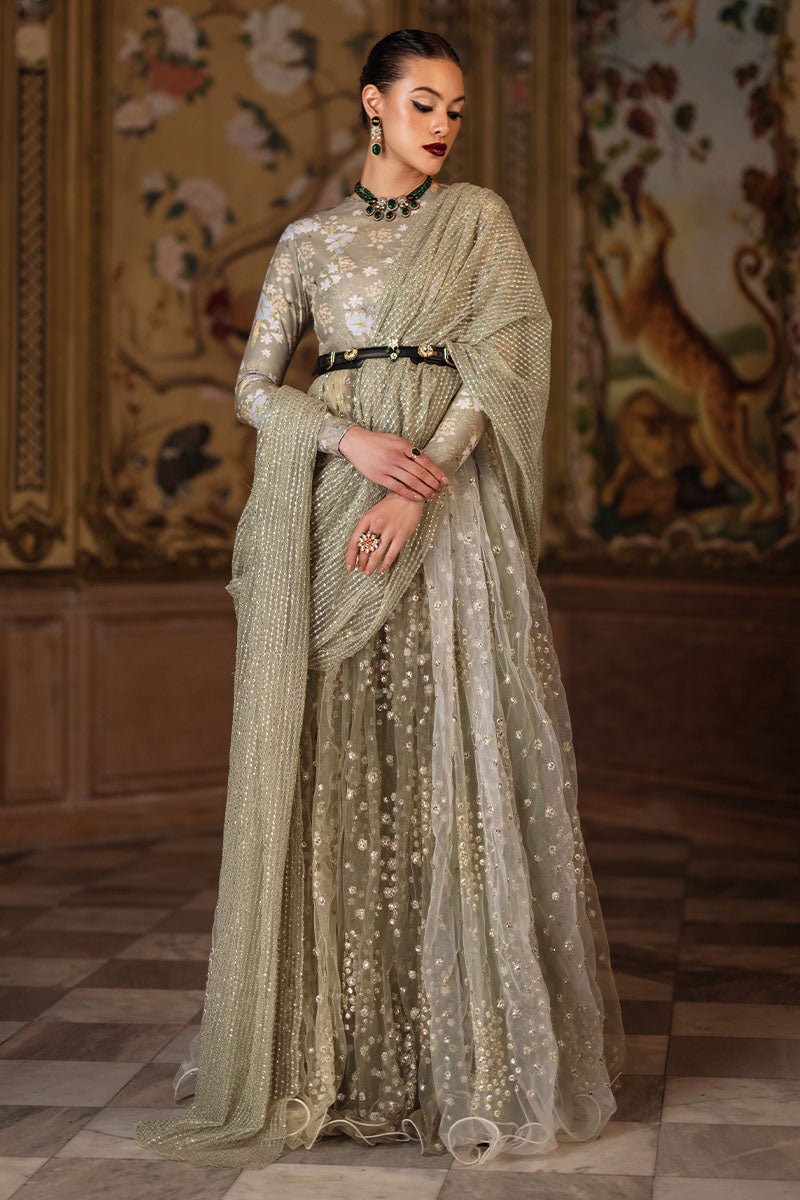 Mint Green Sequin Embroidered Silk & Net Gown (2-Piece) - Image 1