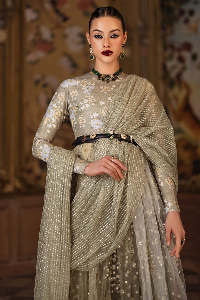 Mint Green Sequin Embroidered Silk & Net Gown (2-Piece) - Image 4