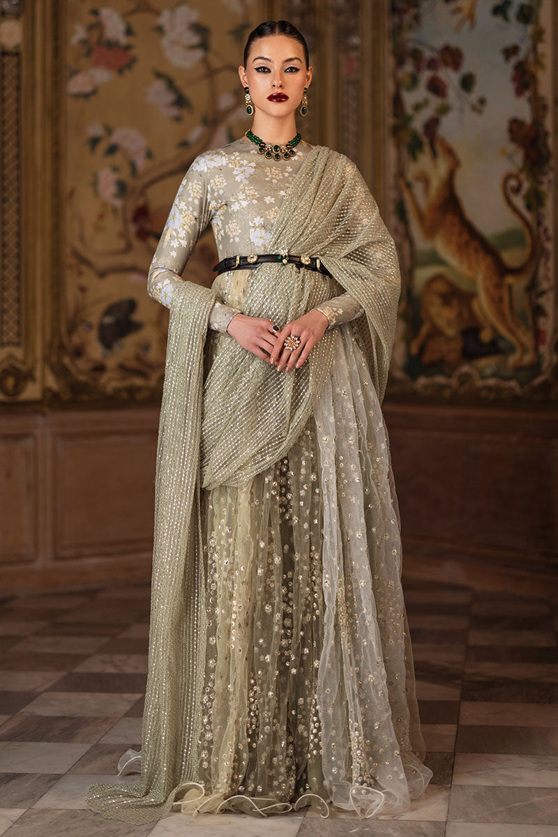 Mint Green Sequin Embroidered Silk & Net Gown (2-Piece) - Image 5