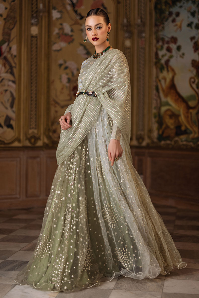 Mint Green Sequin Embroidered Silk & Net Gown (2-Piece) - Image 6