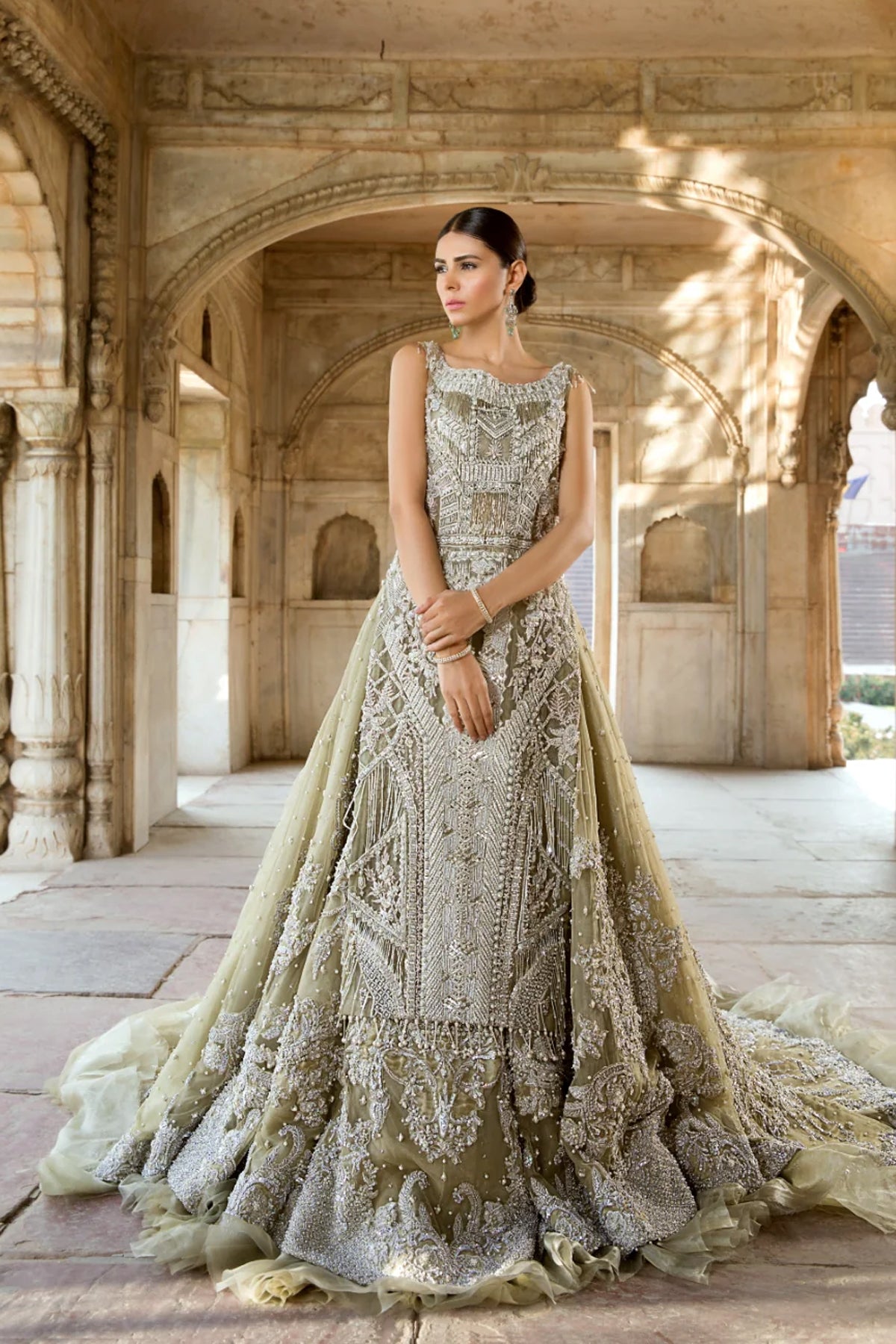 Olive Green Embellished Net Silk Bridal Gown (1-Pc) - Image 1