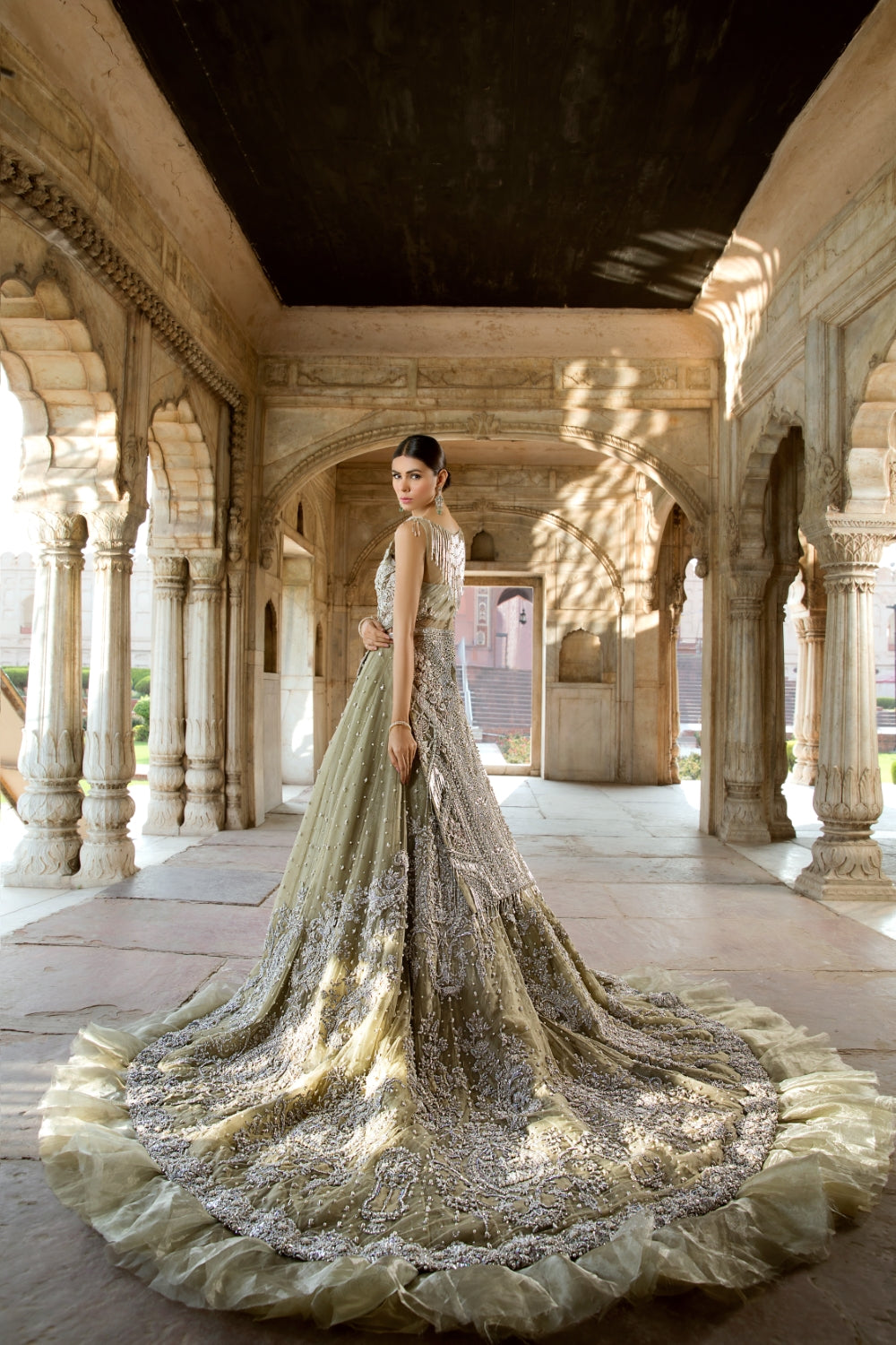 Olive Green Embellished Net Silk Bridal Gown (1-Pc) - Image 4