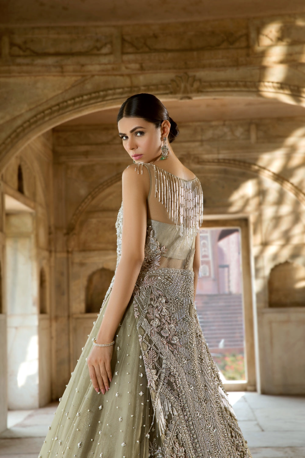 Olive Green Embellished Net Silk Bridal Gown (1-Pc) - Image 5
