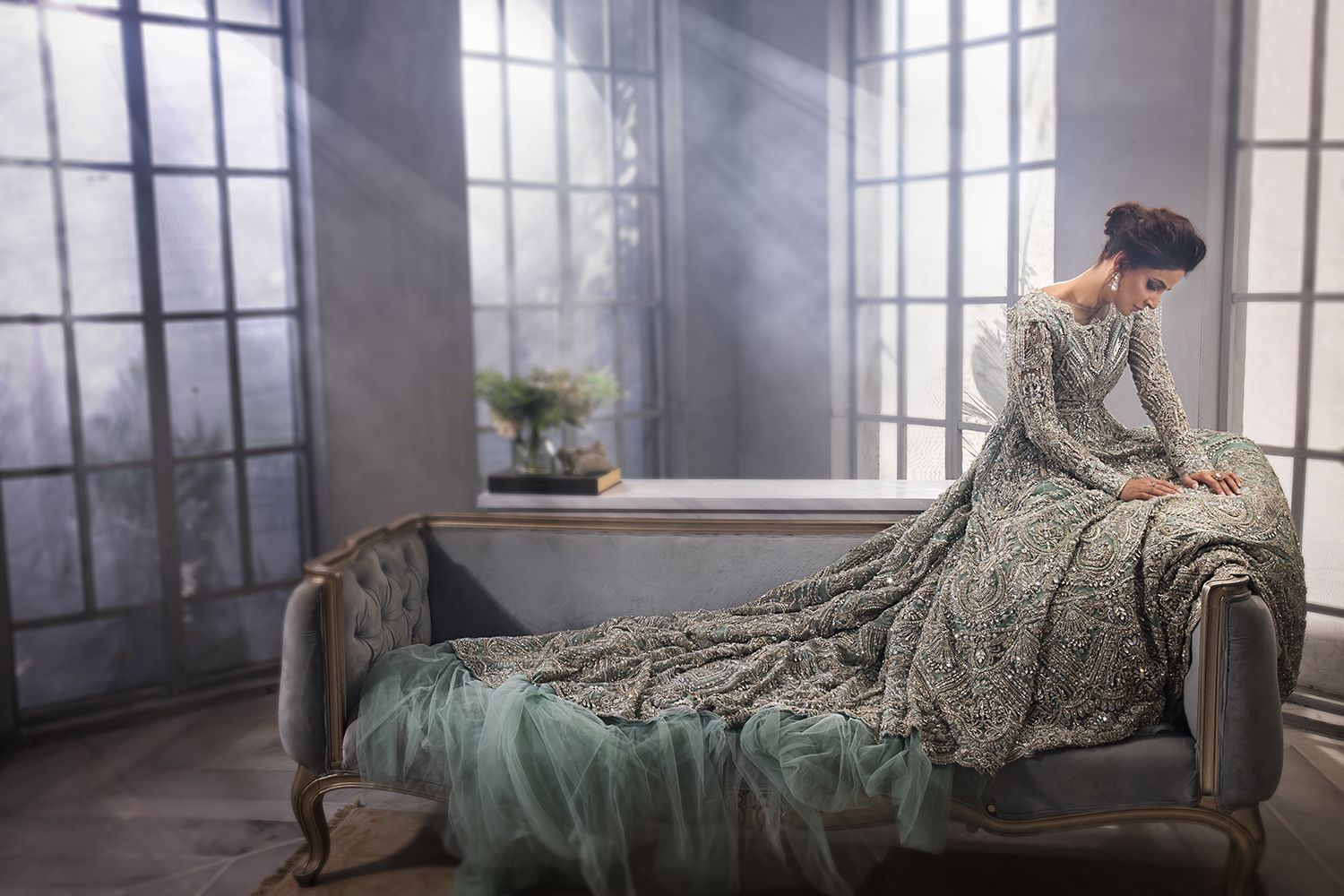 Pastel Mint Embellished Silk Net Bridal Gown (2-Piece) - Image 3