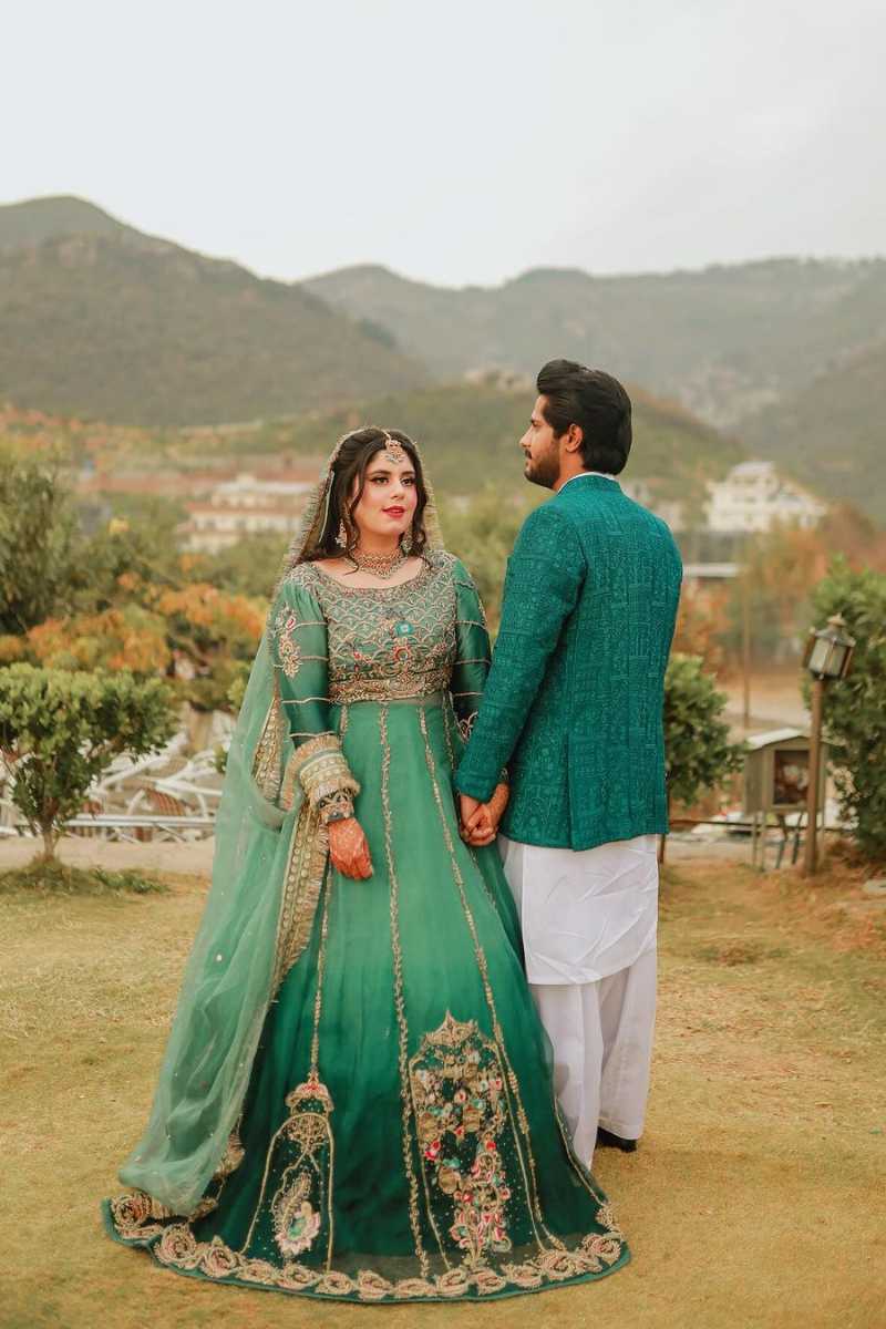 Pakistani Emerald Green Embroidered Silk Bridal Gown (2-Piece) - Image 1