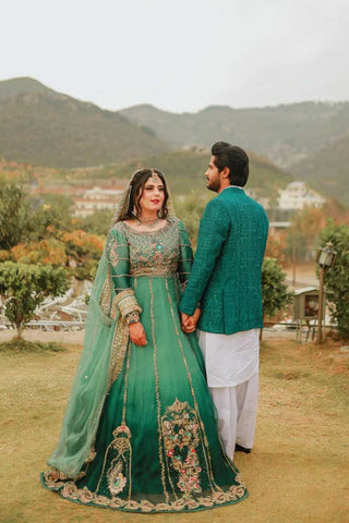 Pakistani Emerald Green Embroidered Silk Bridal Gown (2-Piece) - Image 2
