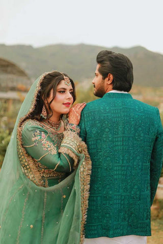 Pakistani Emerald Green Embroidered Silk Bridal Gown (2-Piece) - Image 3