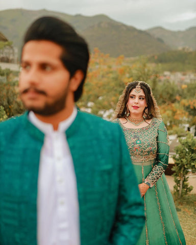 Pakistani Emerald Green Embroidered Silk Bridal Gown (2-Piece) - Image 5