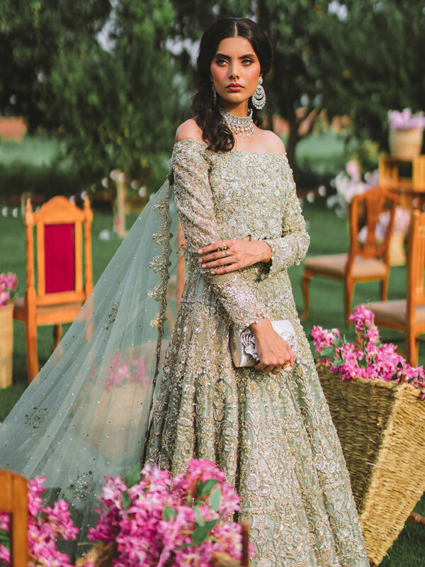 Pakistani Sage Green Tilla Embroidered Silk Bridal Gown (2-Piece) - Image 1