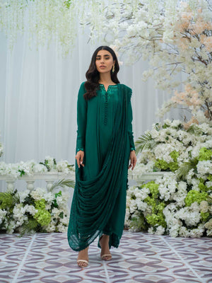 Pakistani Emerald Green Embroidered Silk Gown (2-Piece) - Image 1