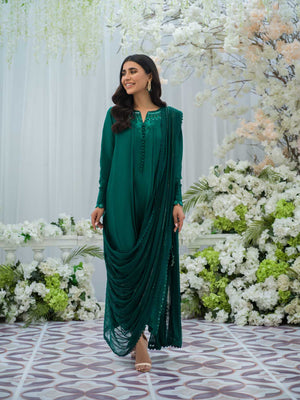 Pakistani Emerald Green Embroidered Silk Gown (2-Piece) - Image 2