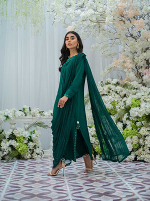 Pakistani Emerald Green Embroidered Silk Gown (2-Piece) - Image 3