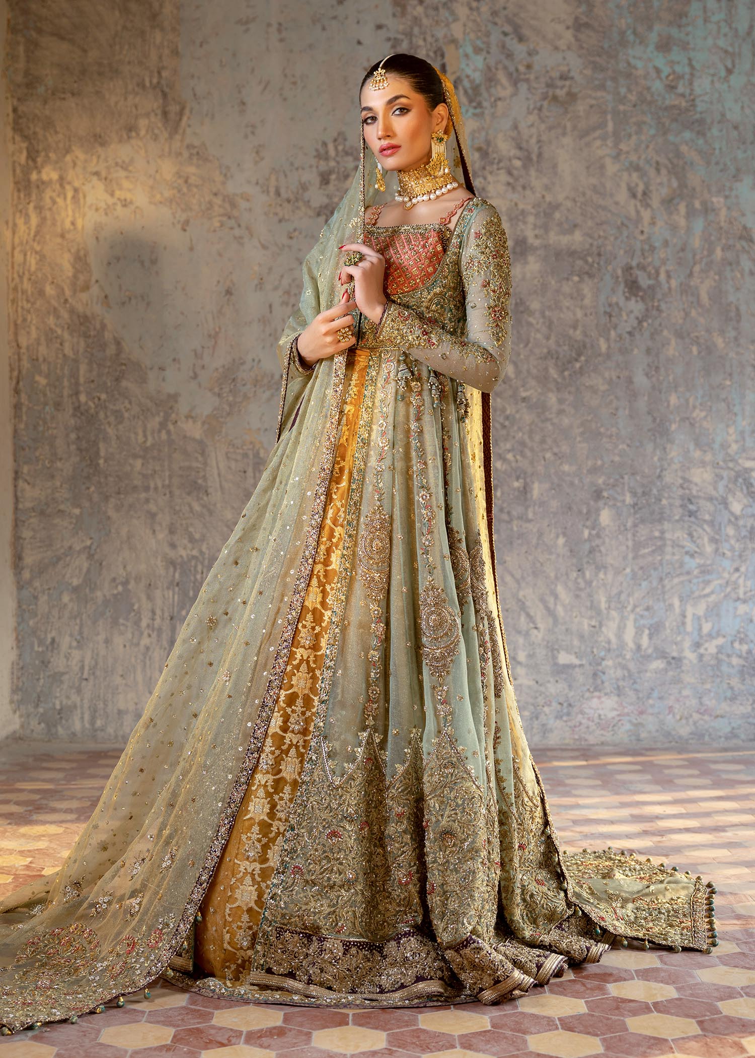 Pakistani Apple Green Embroidered Pure Tissue Mysore Gown (3-Piece) - Image 1