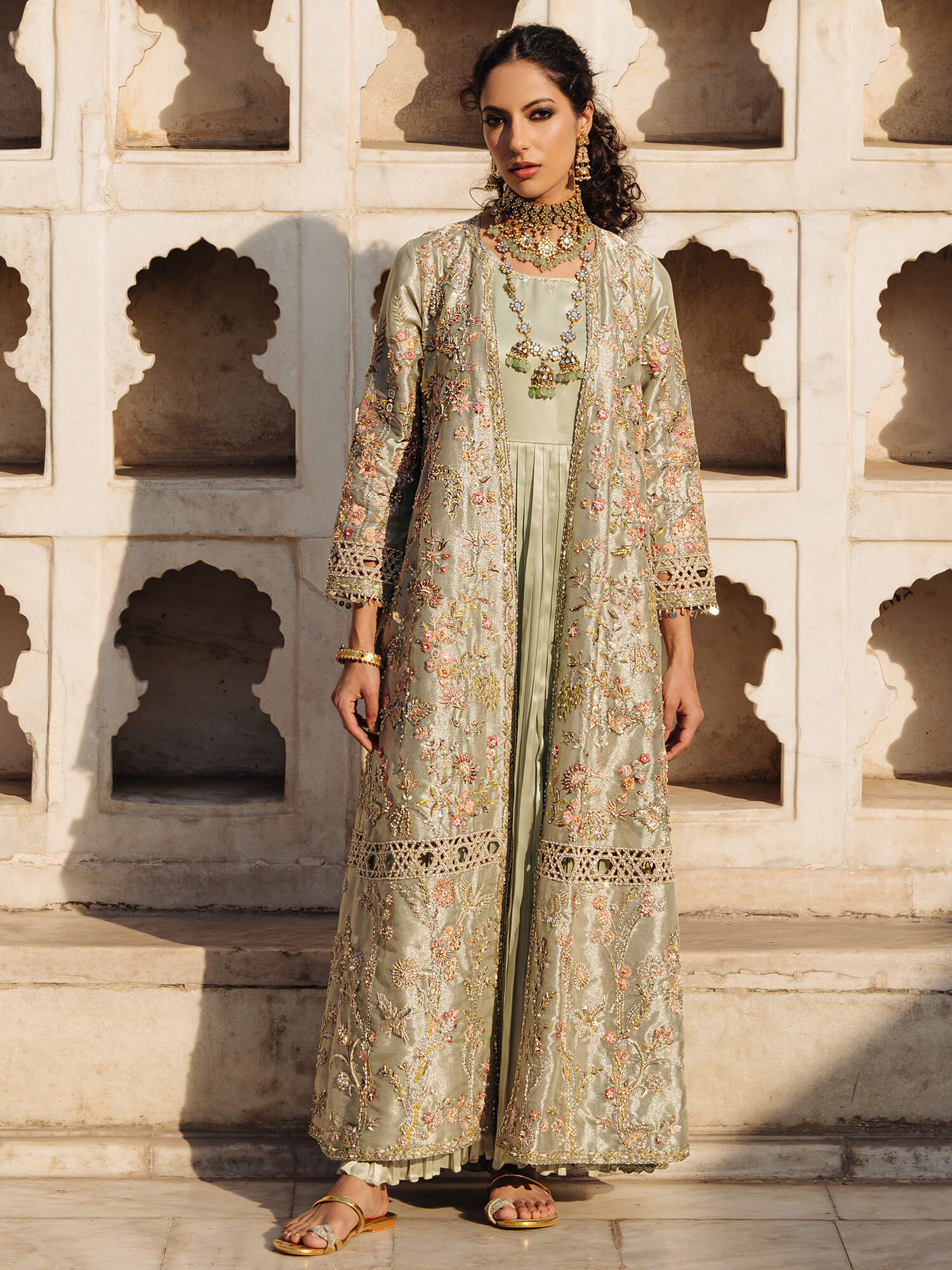 Pakistani Pistachio Embroidered Tissue & Satin Gown (2-Piece) - Image 1