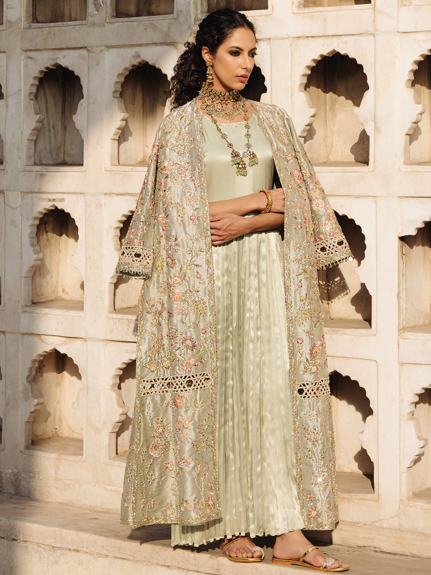 Pakistani Pistachio Embroidered Tissue & Satin Gown (2-Piece) - Image 3