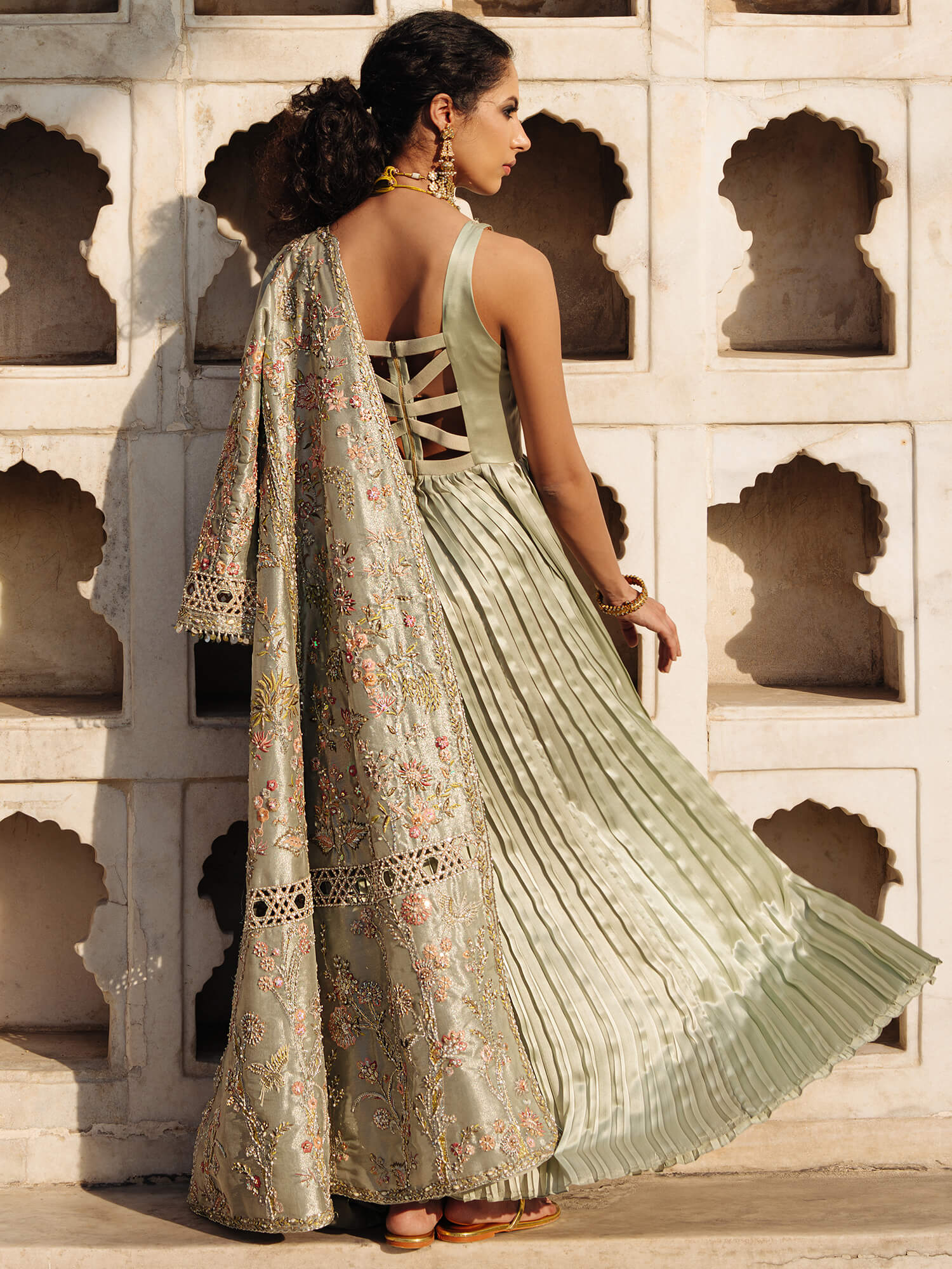 Pakistani Pistachio Embroidered Tissue & Satin Gown (2-Piece) - Image 4