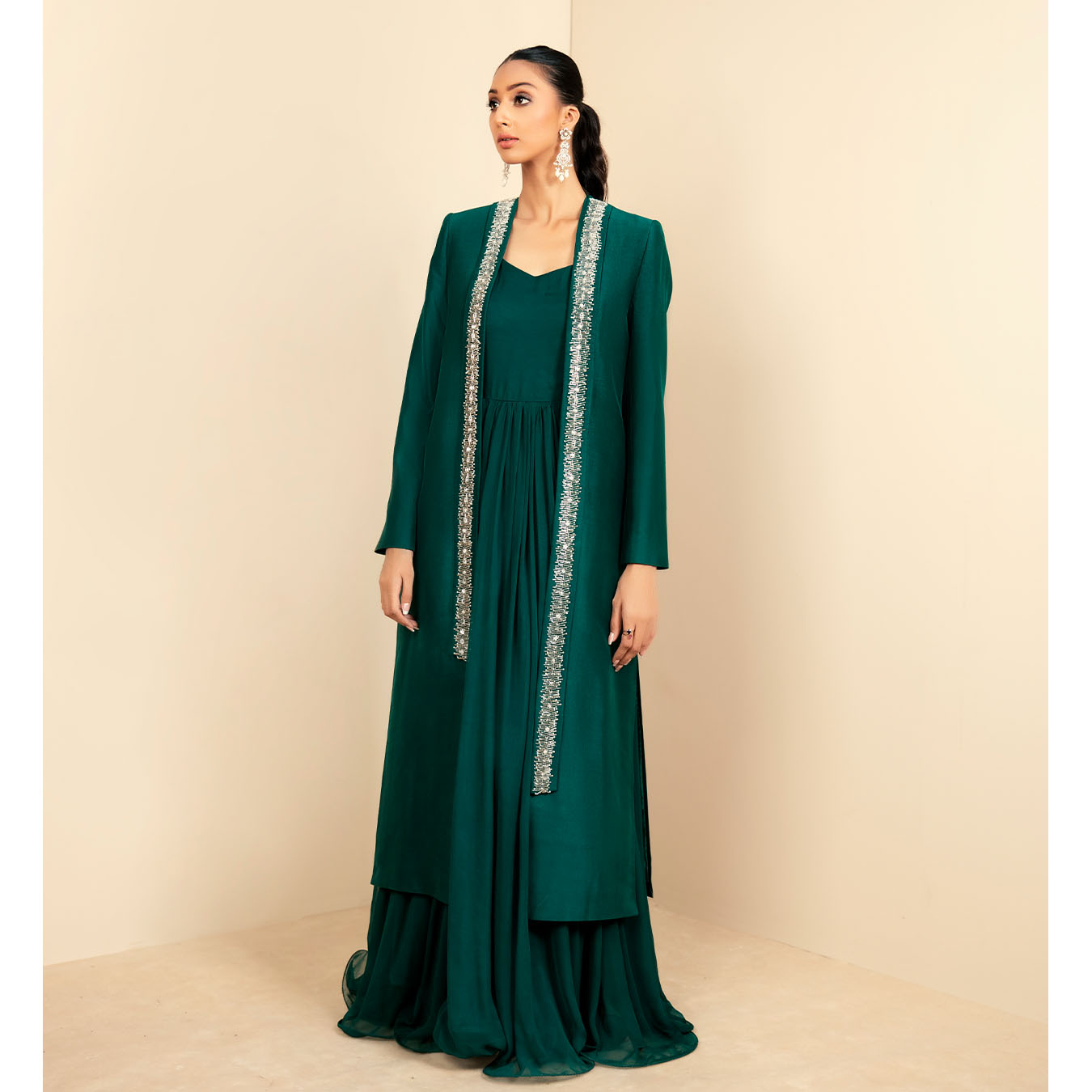 Emerald Embellished Tissue Silk Jacket & Chiffon Gown (2-Piece) - Image 1