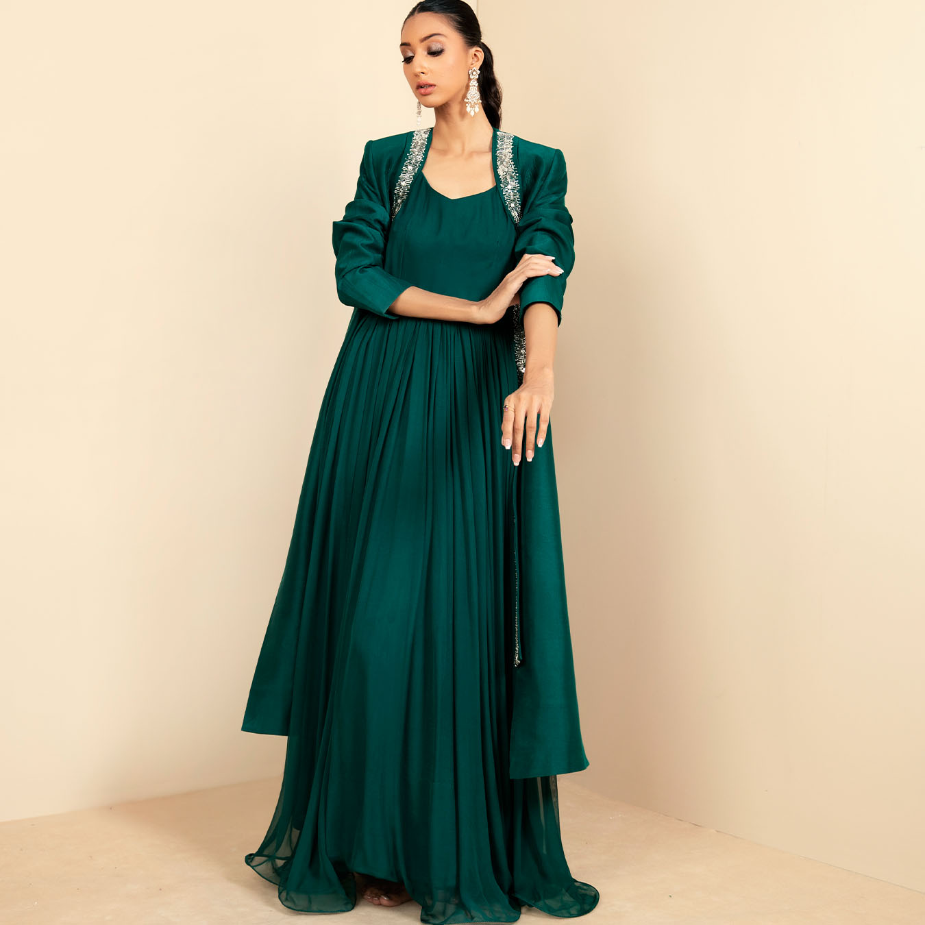 Emerald Embellished Tissue Silk Jacket & Chiffon Gown (2-Piece) - Image 3