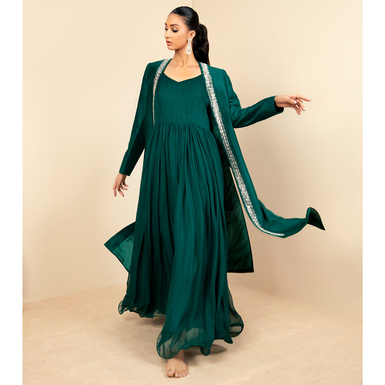 Emerald Embellished Tissue Silk Jacket & Chiffon Gown (2-Piece) - Image 6