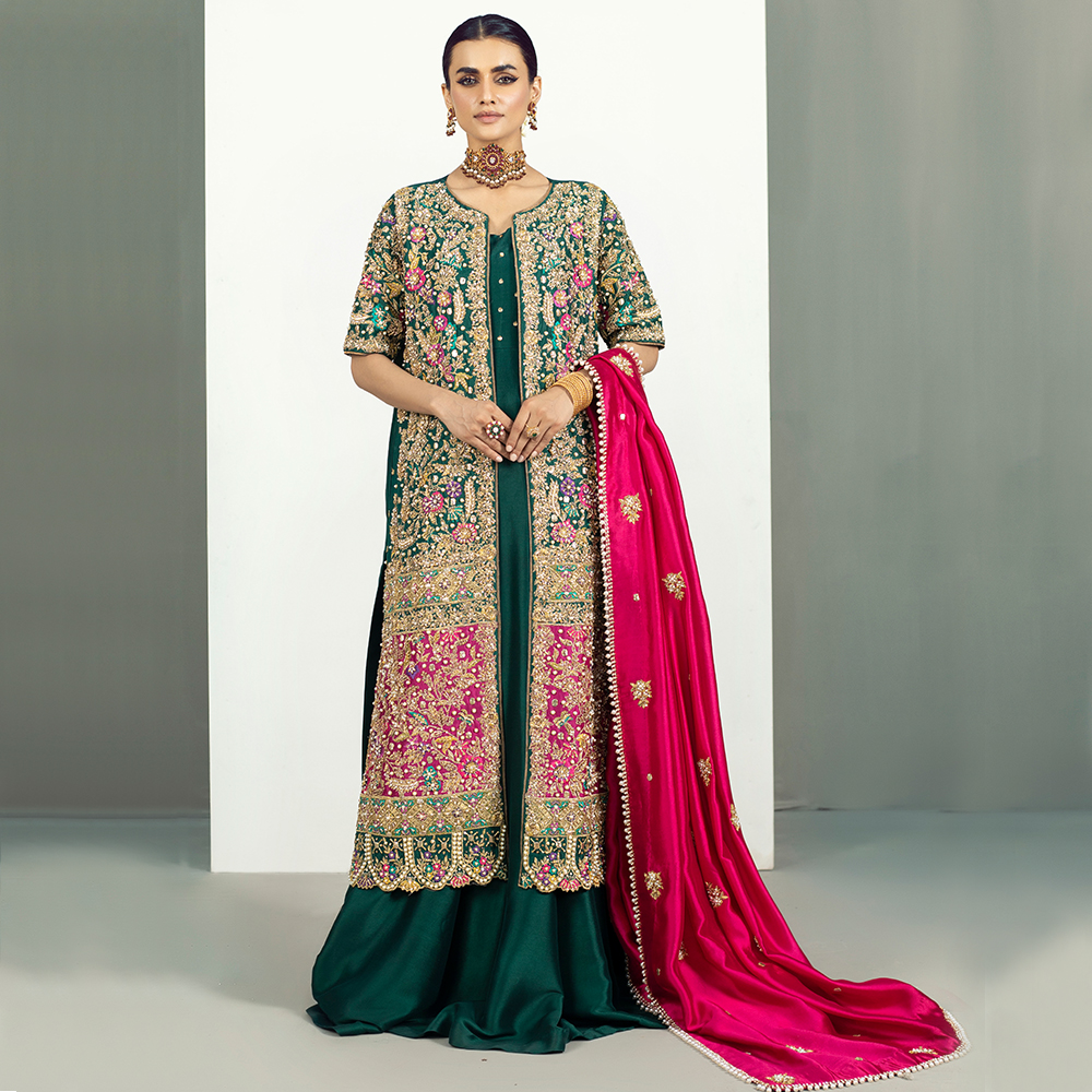 Emerald Green Zardozi Resham Silk Gown (3-Piece) - Image 1