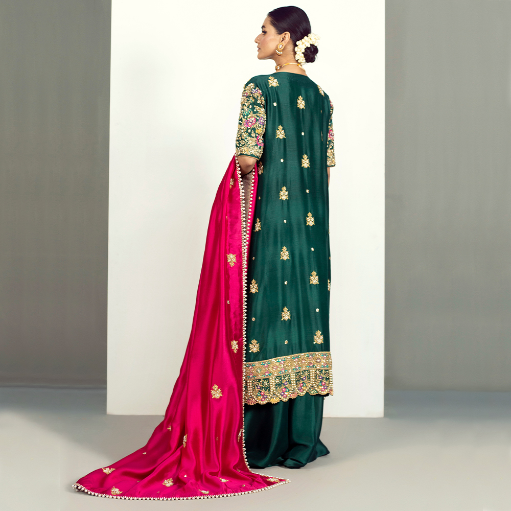 Emerald Green Zardozi Resham Silk Gown (3-Piece) - Image 2
