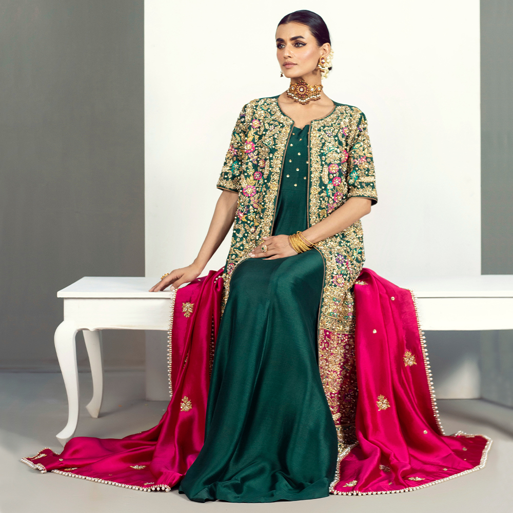Emerald Green Zardozi Resham Silk Gown (3-Piece) - Image 3