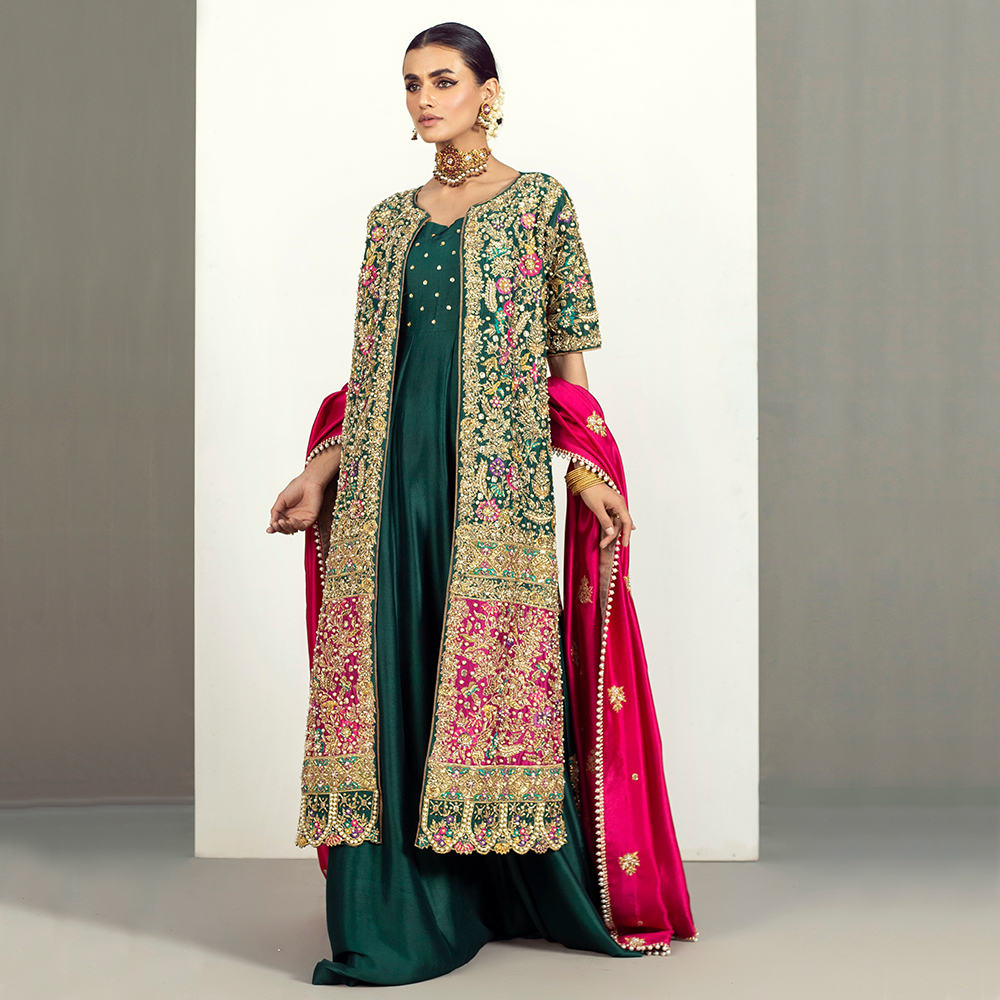 Emerald Green Zardozi Resham Silk Gown (3-Piece) - Image 4