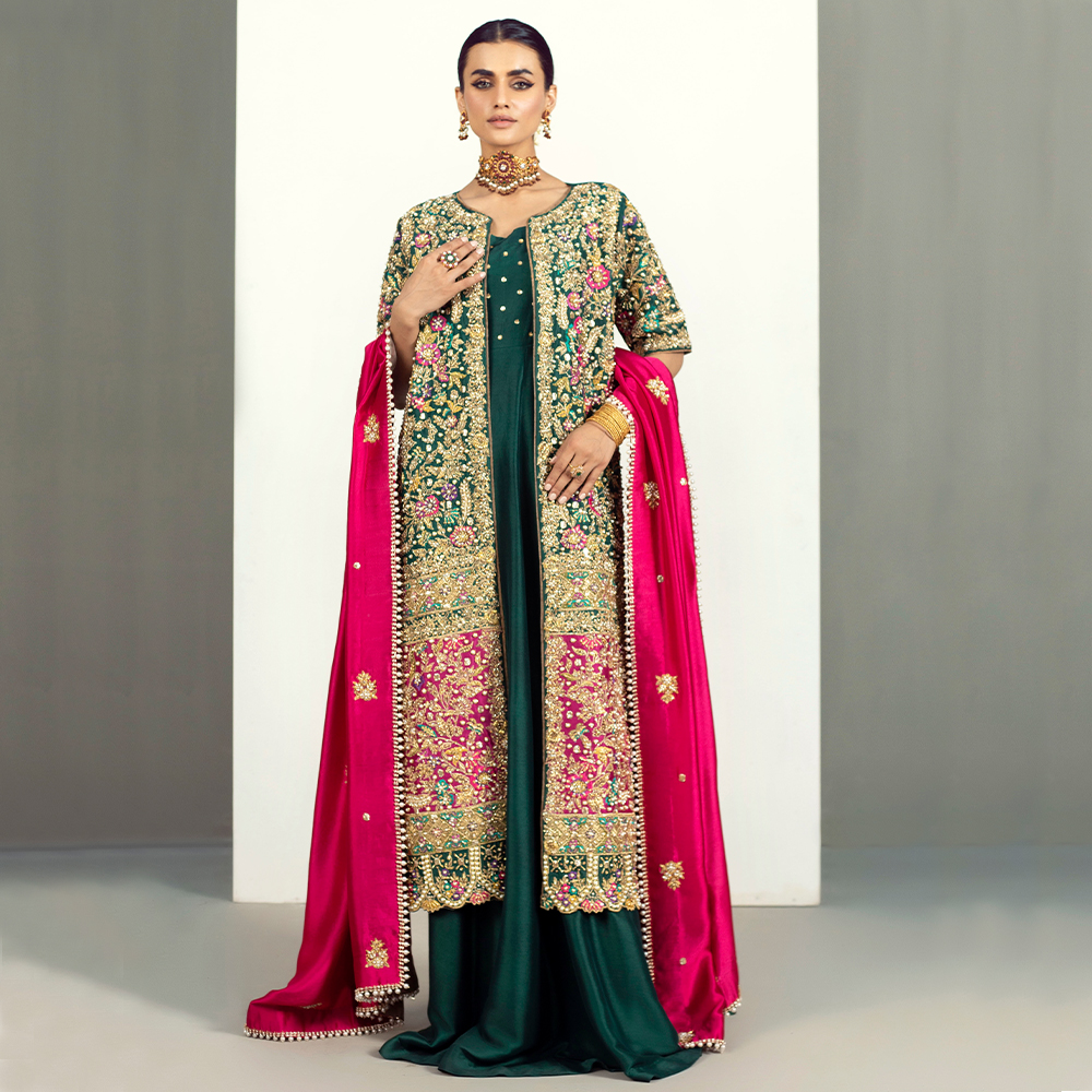 Emerald Green Zardozi Resham Silk Gown (3-Piece) - Image 5