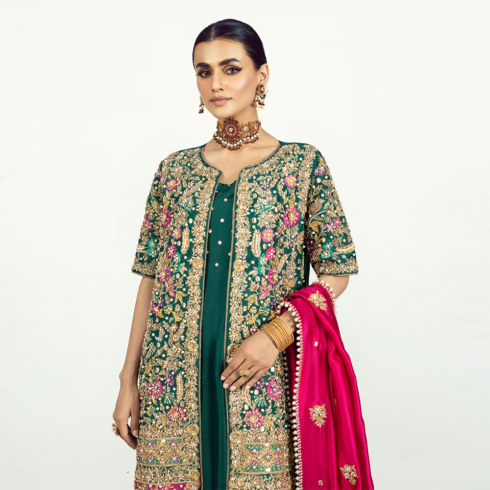 Emerald Green Zardozi Resham Silk Gown (3-Piece) - Image 6