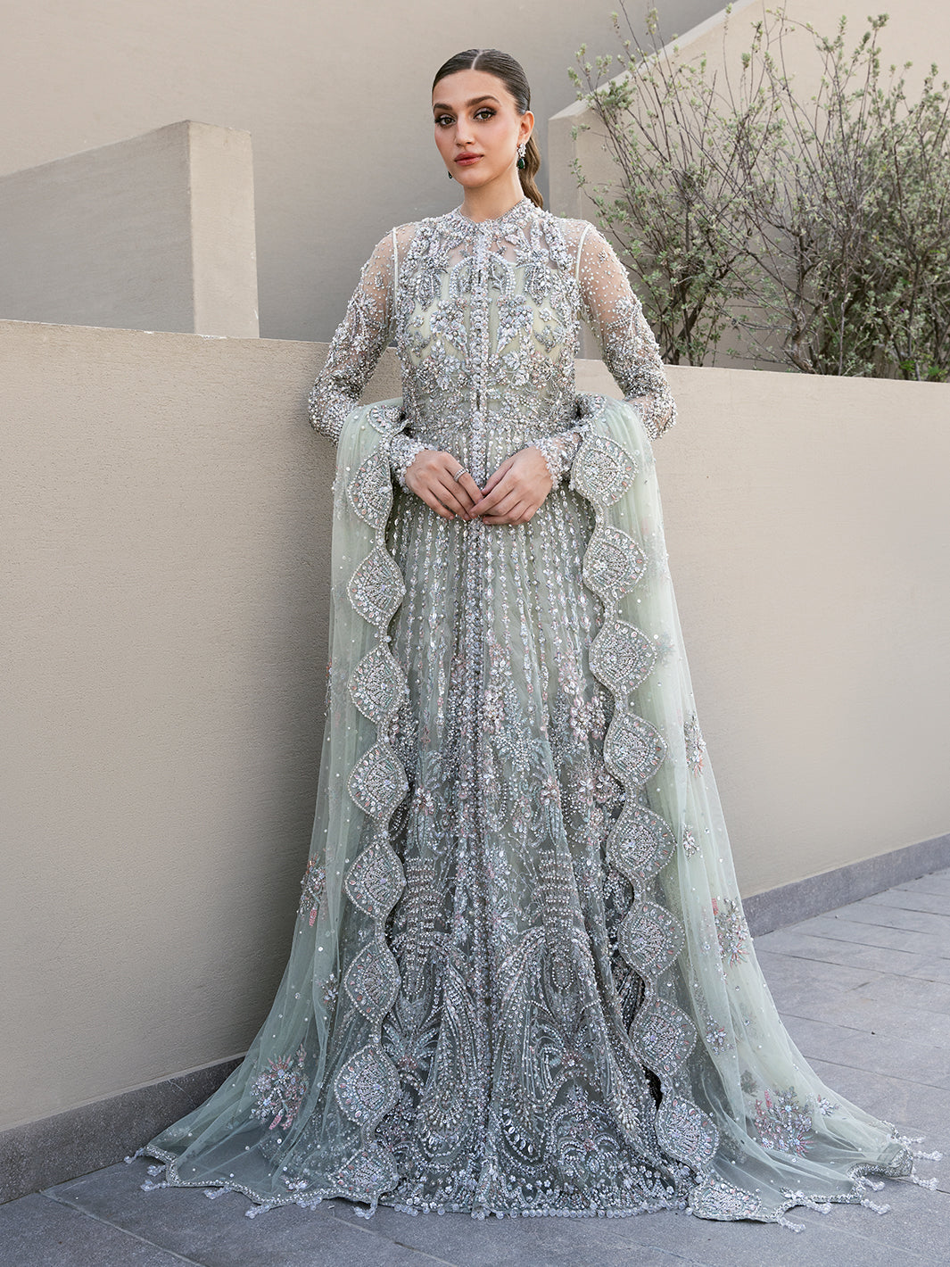 Pakistani Ice Mint Green Embellished Tulle Bridal Gown (2-Piece) - Image 1