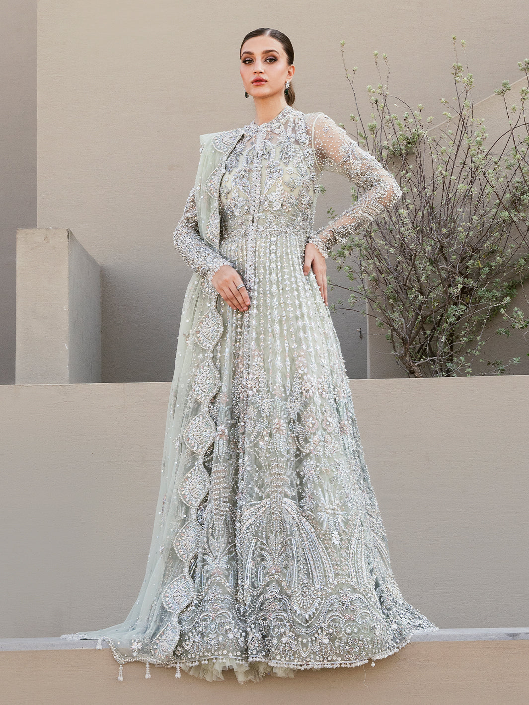 Pakistani Ice Mint Green Embellished Tulle Bridal Gown (2-Piece) - Image 10
