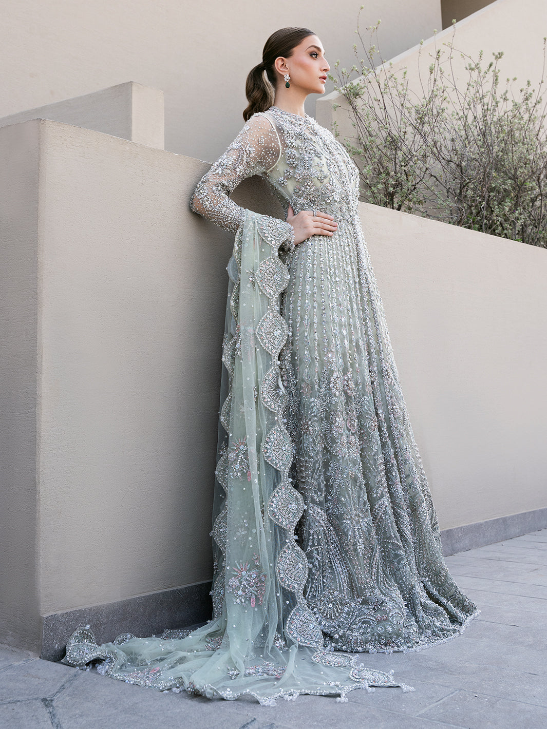 Pakistani Ice Mint Green Embellished Tulle Bridal Gown (2-Piece) - Image 11