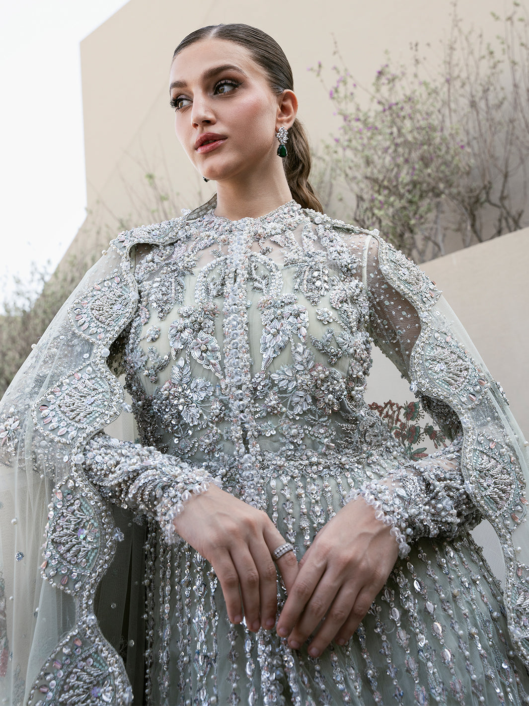 Pakistani Ice Mint Green Embellished Tulle Bridal Gown (2-Piece) - Image 2