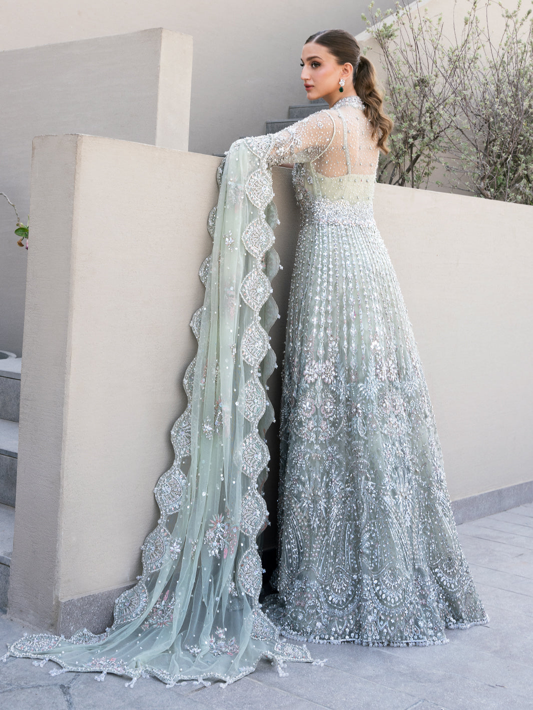 Pakistani Ice Mint Green Embellished Tulle Bridal Gown (2-Piece) - Image 3