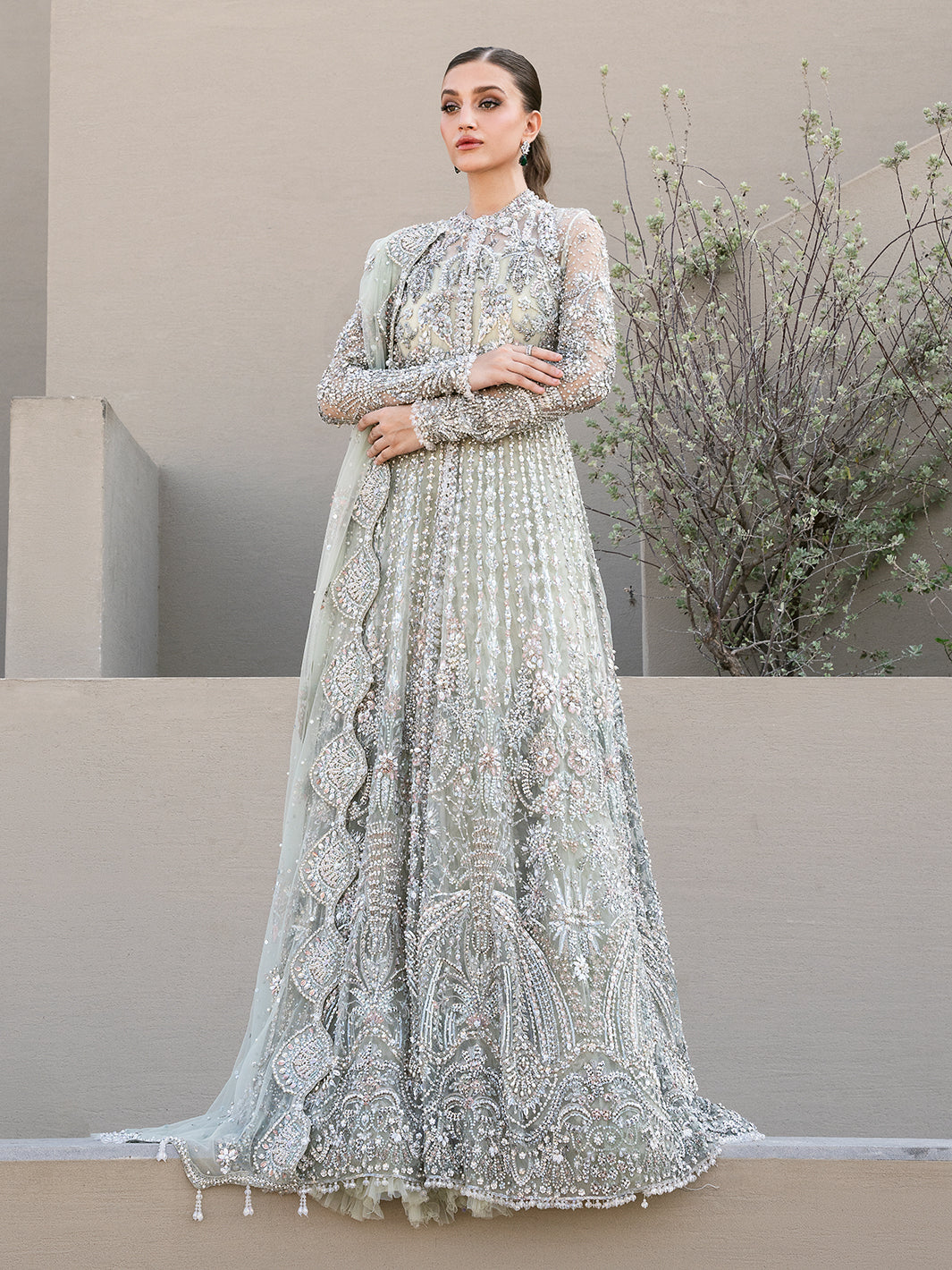 Pakistani Ice Mint Green Embellished Tulle Bridal Gown (2-Piece) - Image 4