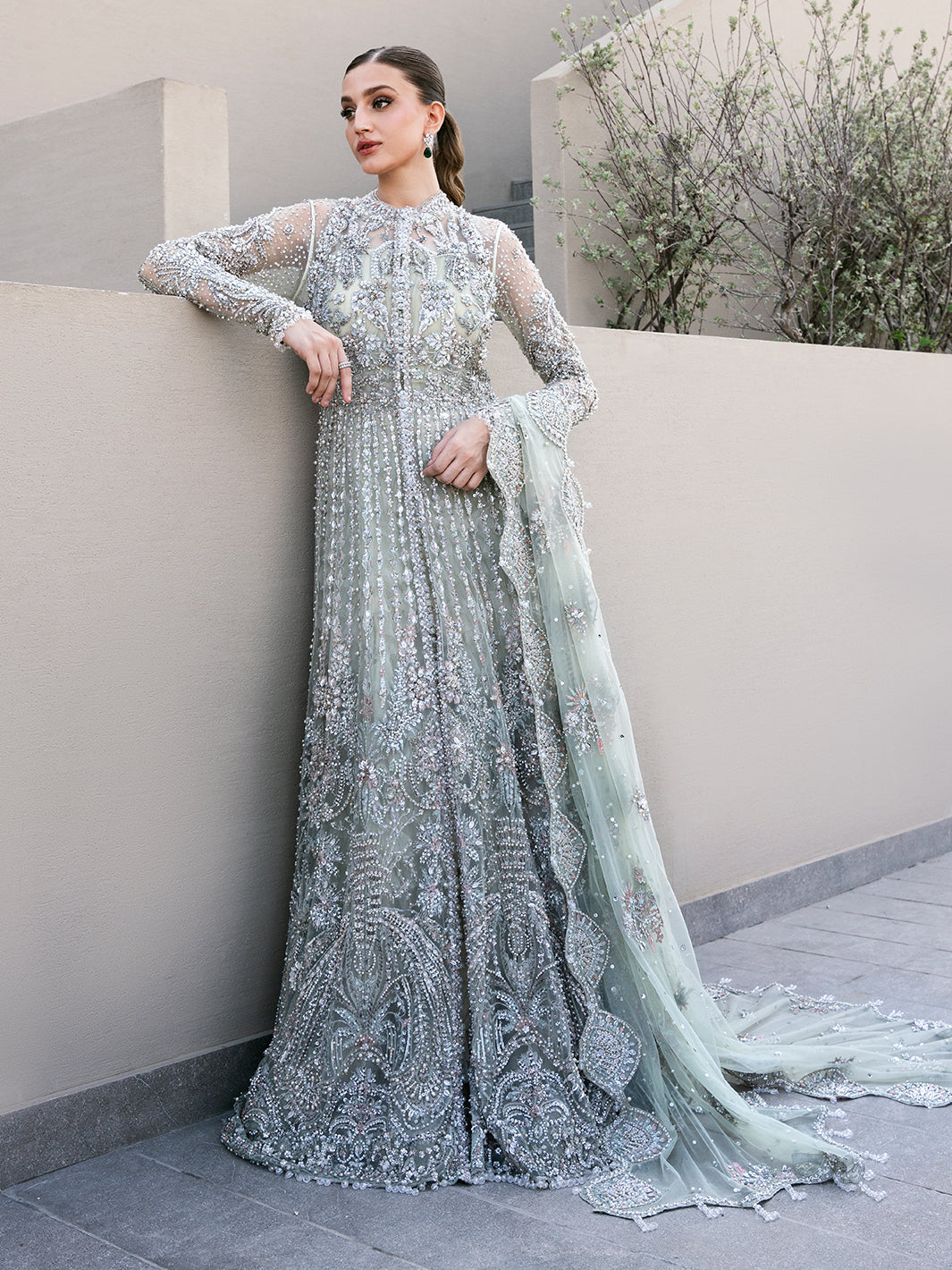 Pakistani Ice Mint Green Embellished Tulle Bridal Gown (2-Piece) - Image 5