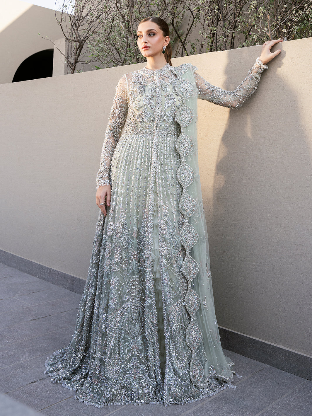 Pakistani Ice Mint Green Embellished Tulle Bridal Gown (2-Piece) - Image 8