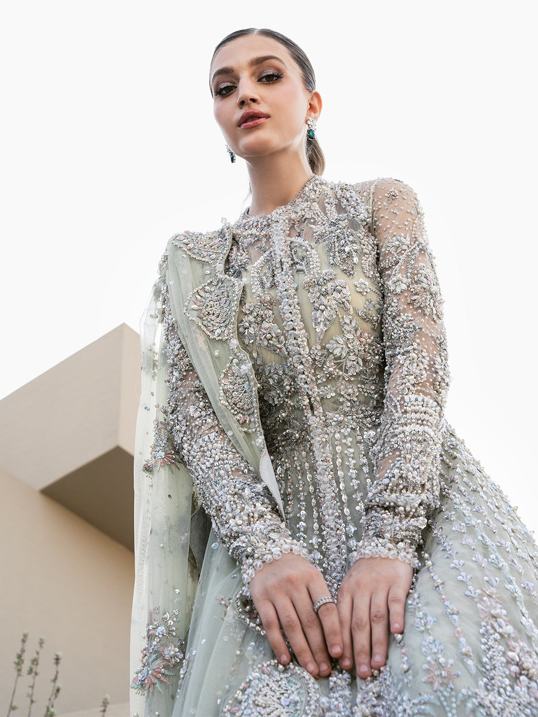 Pakistani Ice Mint Green Embellished Tulle Bridal Gown (2-Piece) - Image 9