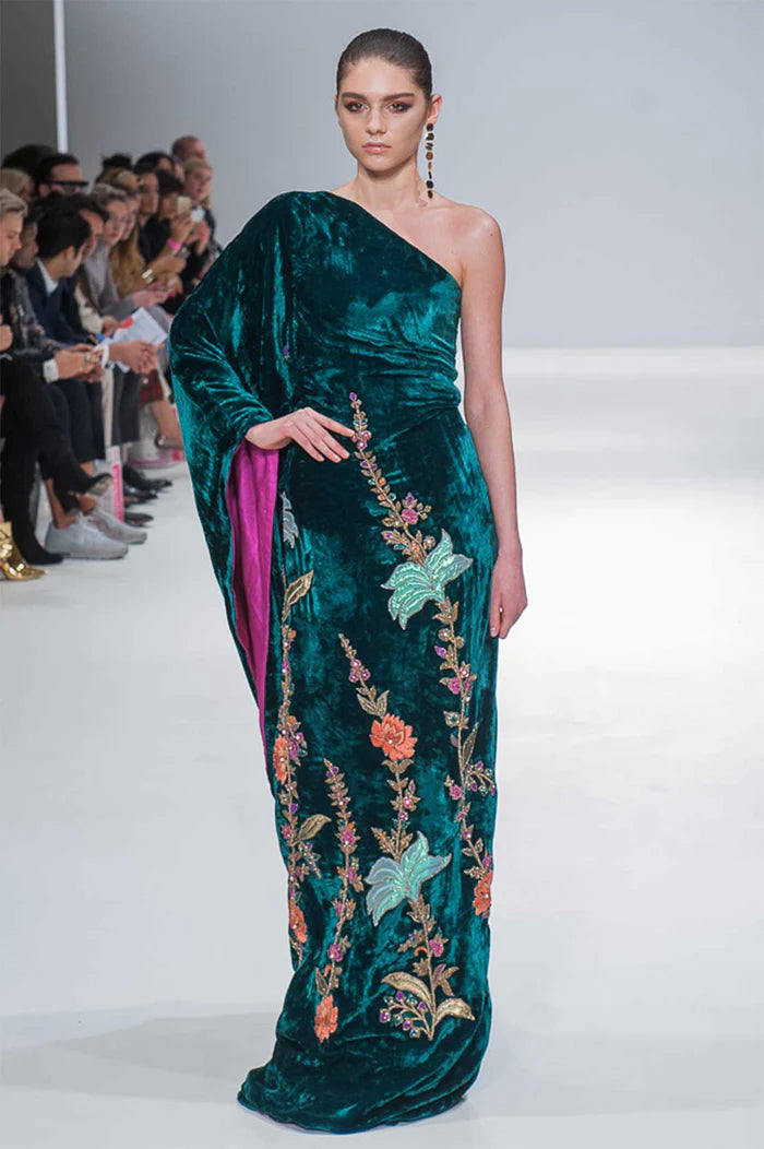 Pakistani Emerald Green Floral Embroidered Velvet Gown (1-Pc) - Image 1