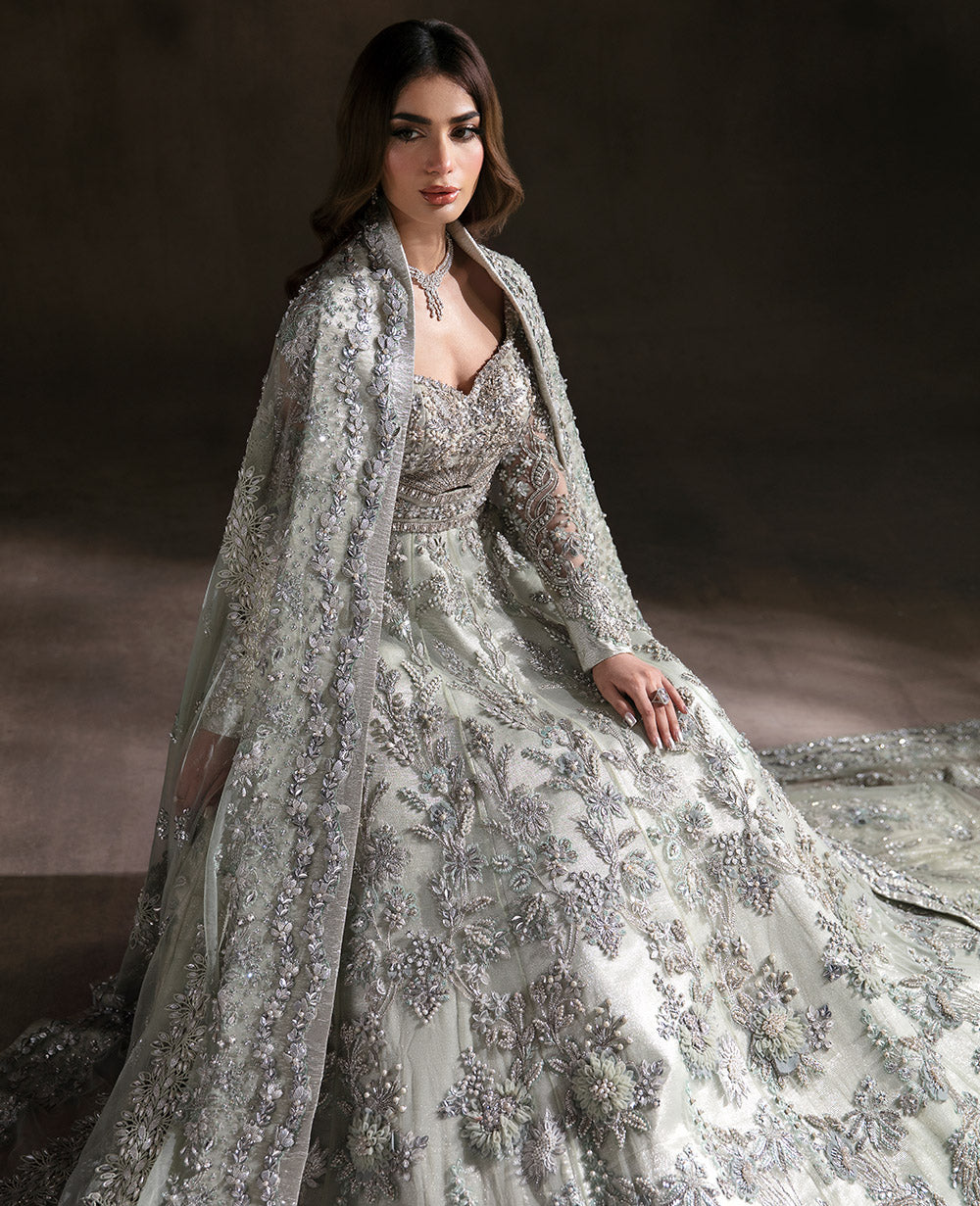 Pakistani Mint Green Embellished Viscose Bridal Gown (2-Piece) - Image 1