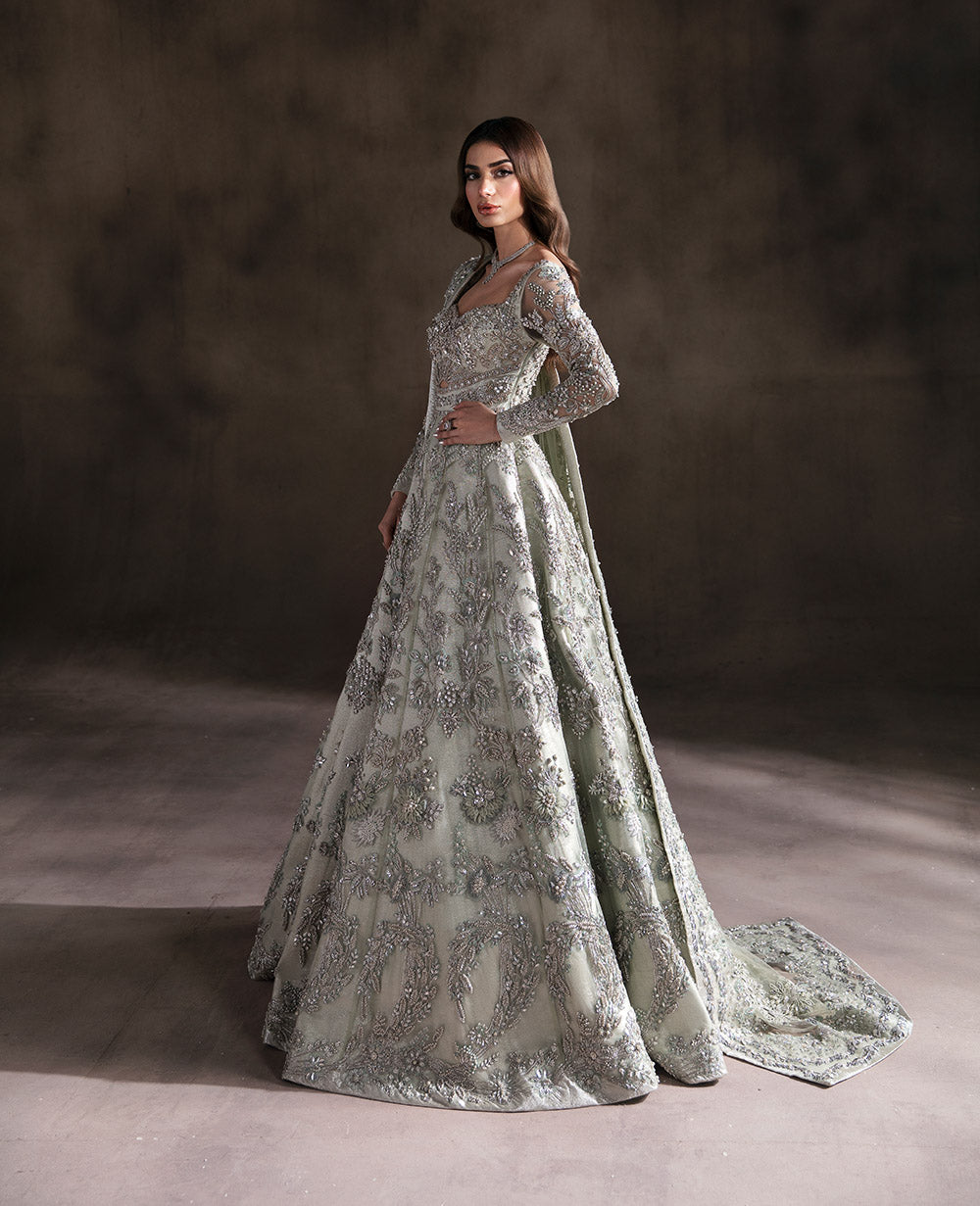 Pakistani Mint Green Embellished Viscose Bridal Gown (2-Piece) - Image 3