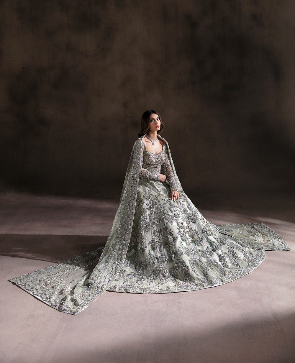 Pakistani Mint Green Embellished Viscose Bridal Gown (2-Piece) - Image 4