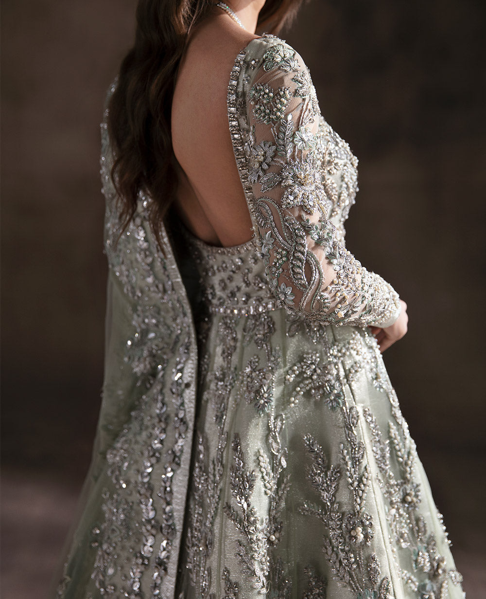 Pakistani Mint Green Embellished Viscose Bridal Gown (2-Piece) - Image 5