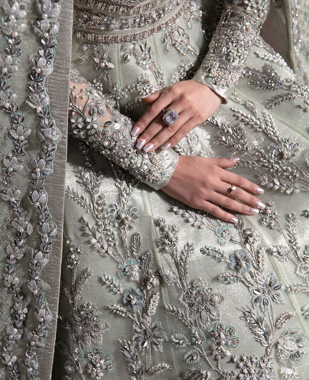 Pakistani Mint Green Embellished Viscose Bridal Gown (2-Piece) - Image 6