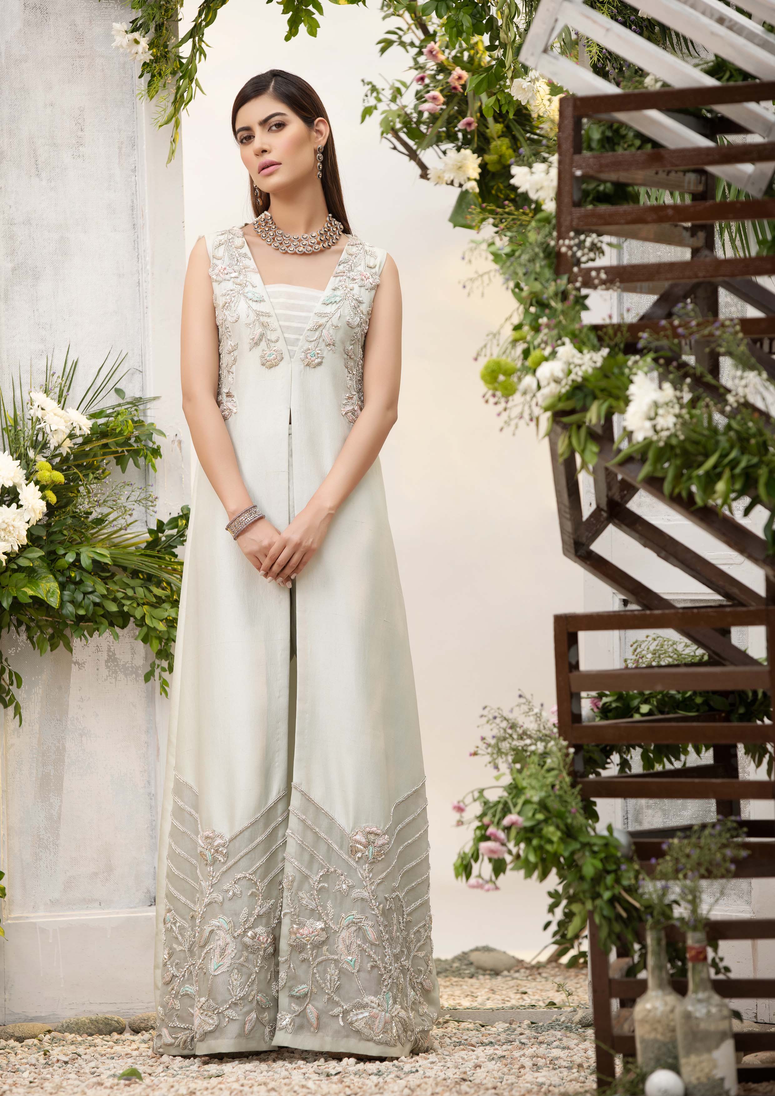 Pakistani Sage Embroidered War Silk Gown (1-Pc) - Image 4