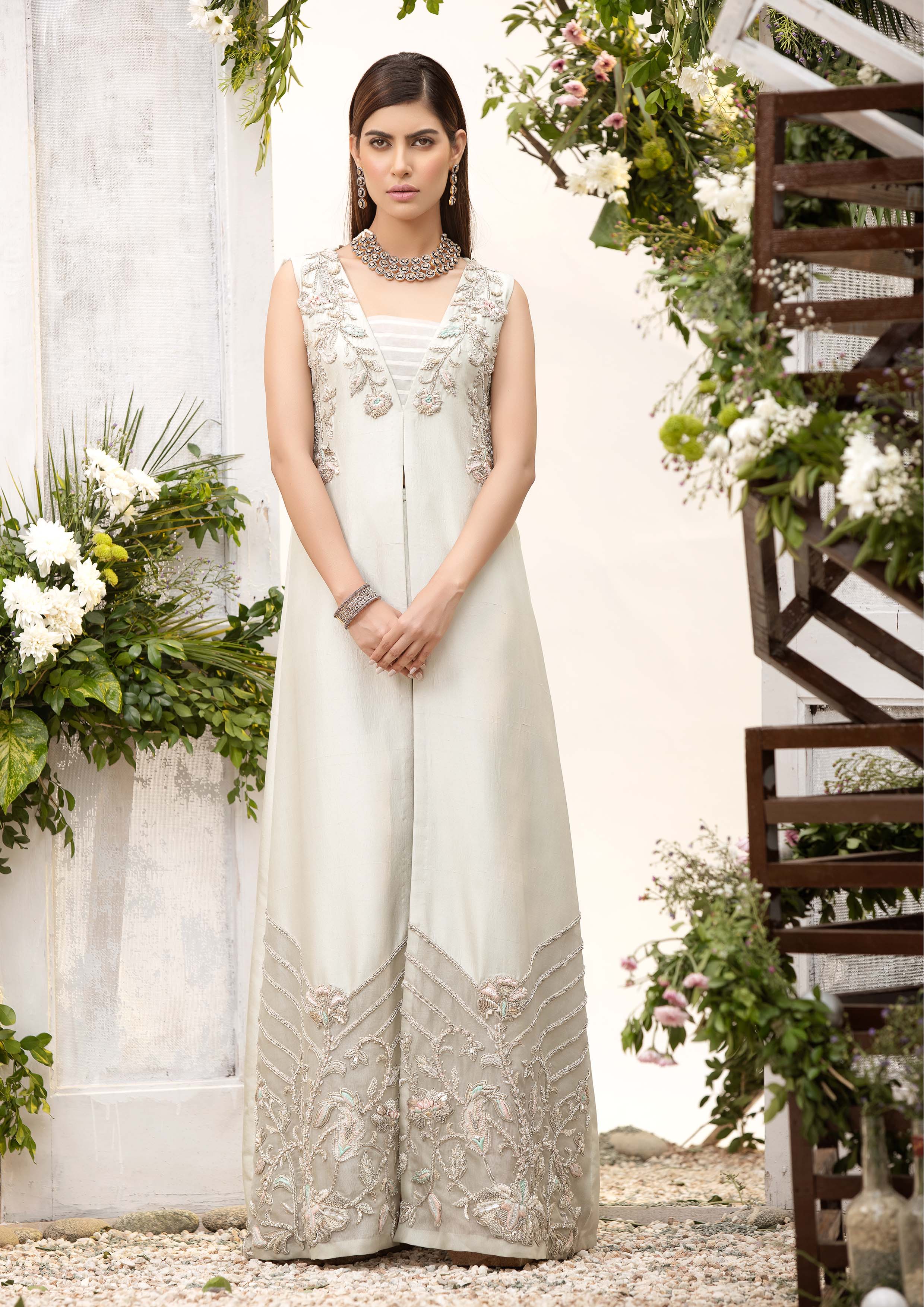 Sage Embroidered War Silk Gown (1-Pc) - Image 1