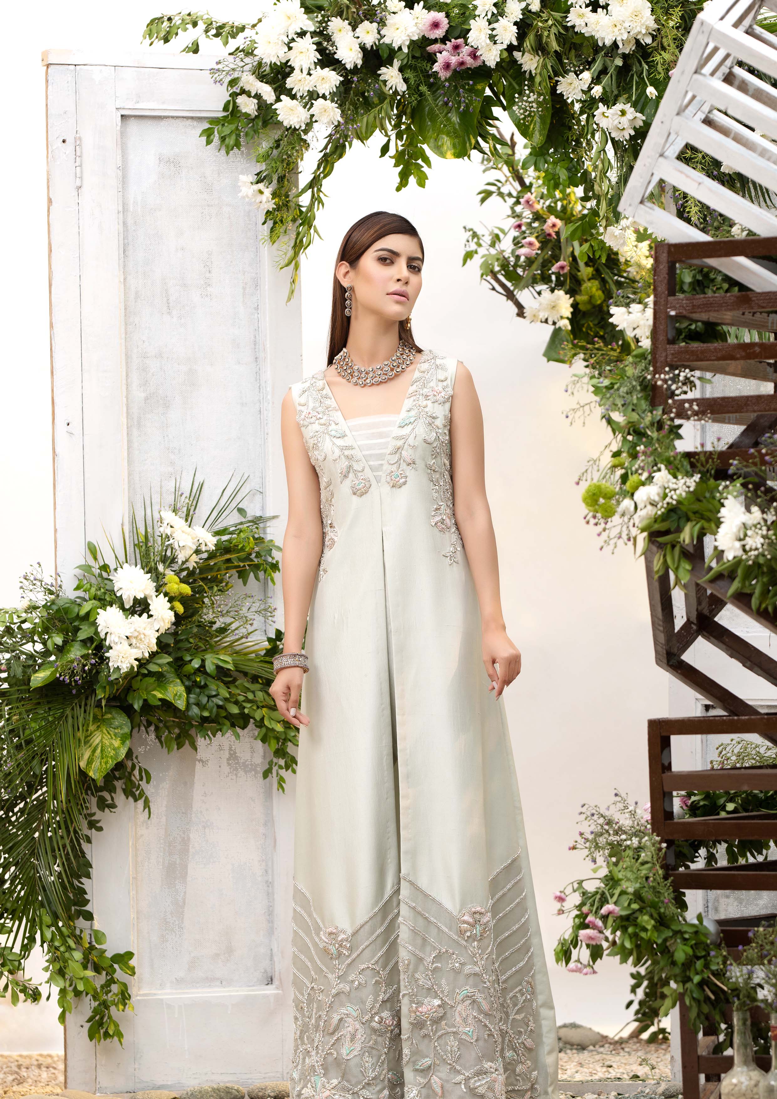 Sage Embroidered War Silk Gown (1-Pc) - Image 3