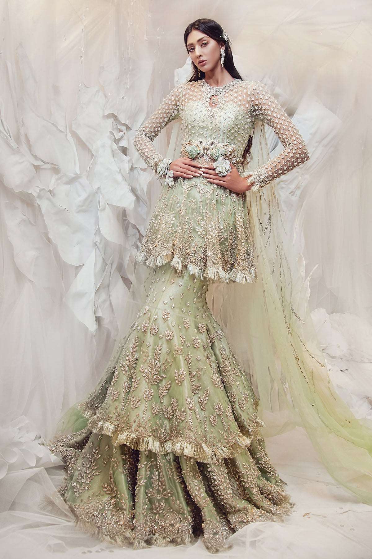 Pakistani Apple Green Embellished Zari Gauze Bridal Gown (2-Piece) - Image 1